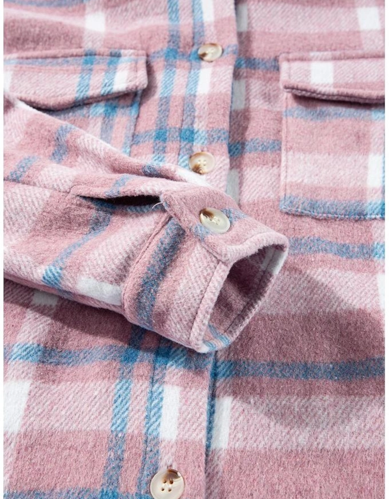 Pink Plaid Print Color Block Collared Flap Pockets Loose Shacket