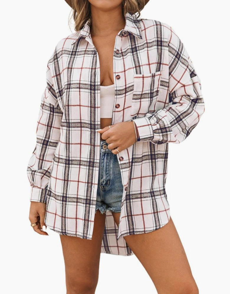 White Oversized Plaid Pattern Shacket with Slits