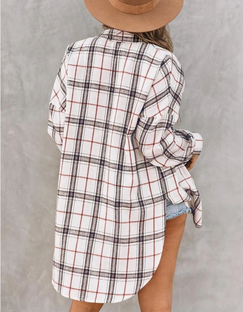 White Oversized Plaid Pattern Shacket with Slits