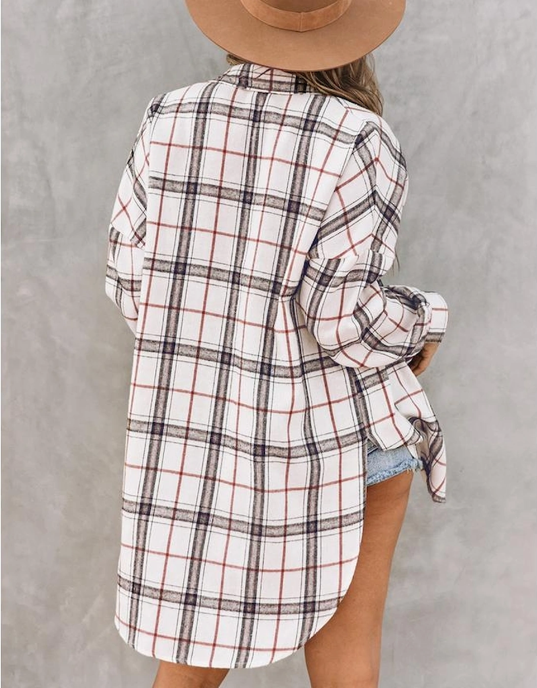 White Oversized Plaid Pattern Shacket with Slits