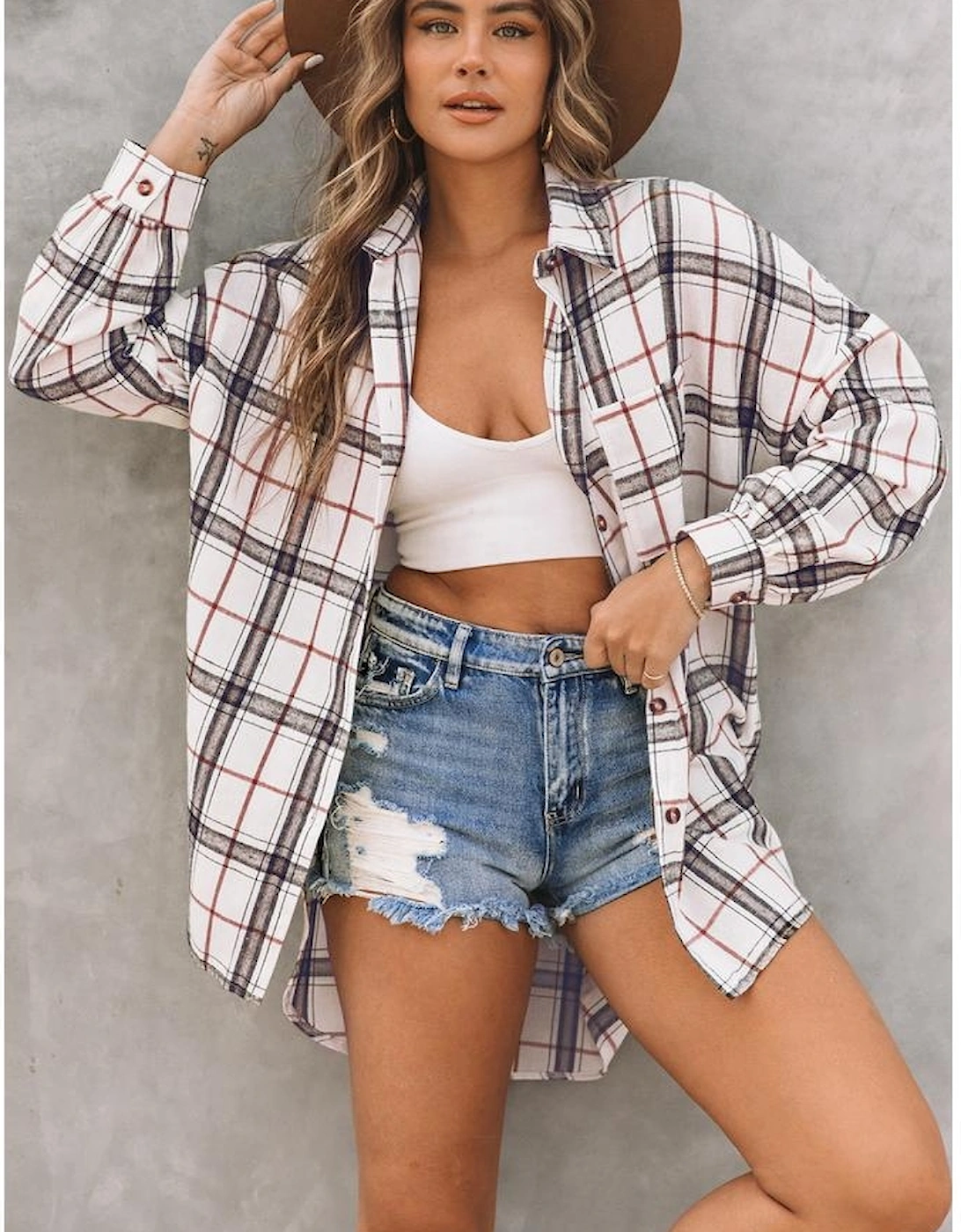 White Oversized Plaid Pattern Shacket with Slits