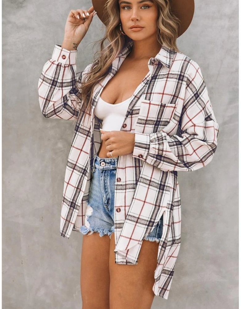 White Oversized Plaid Pattern Shacket with Slits