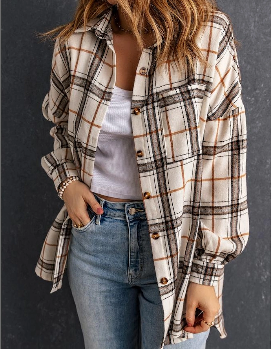 White Oversized Plaid Pattern Shacket with Slits
