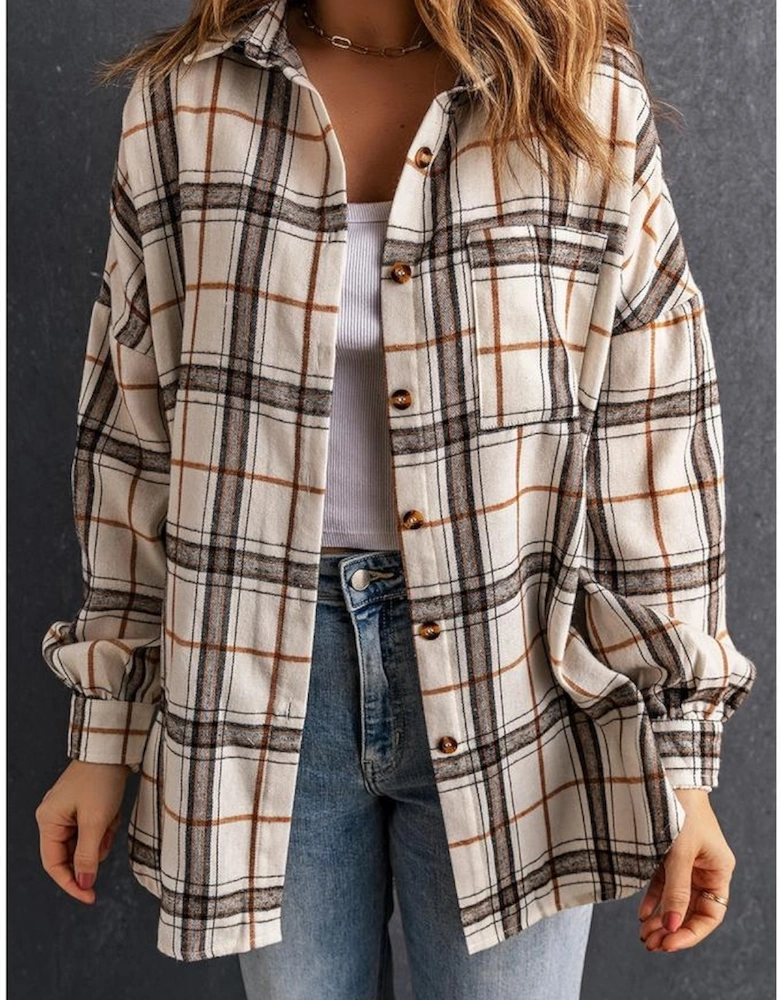 White Oversized Plaid Pattern Shacket with Slits