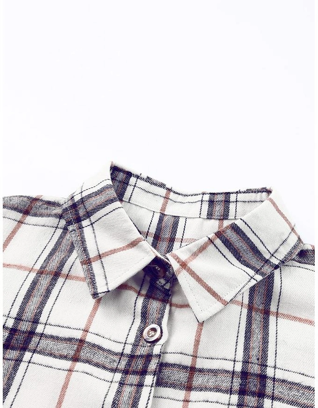 White Oversized Plaid Pattern Shacket with Slits