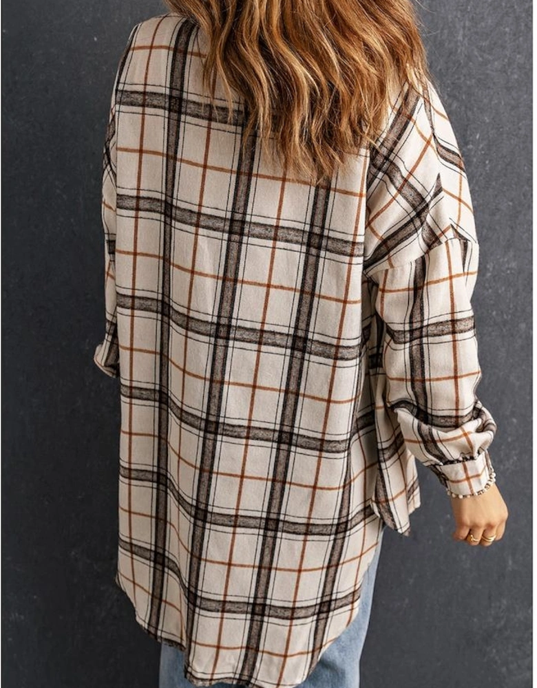 White Oversized Plaid Pattern Shacket with Slits