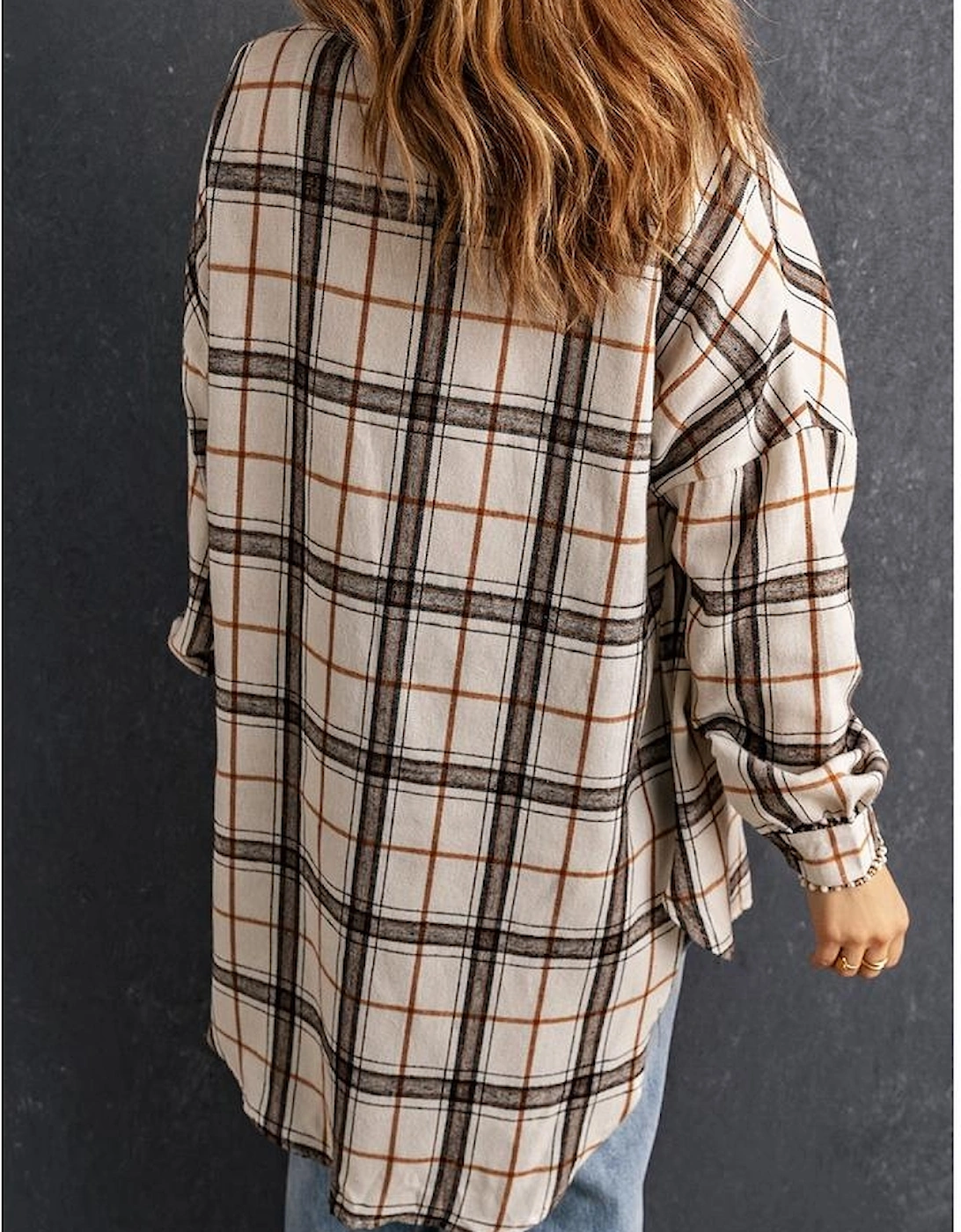 White Oversized Plaid Pattern Shacket with Slits