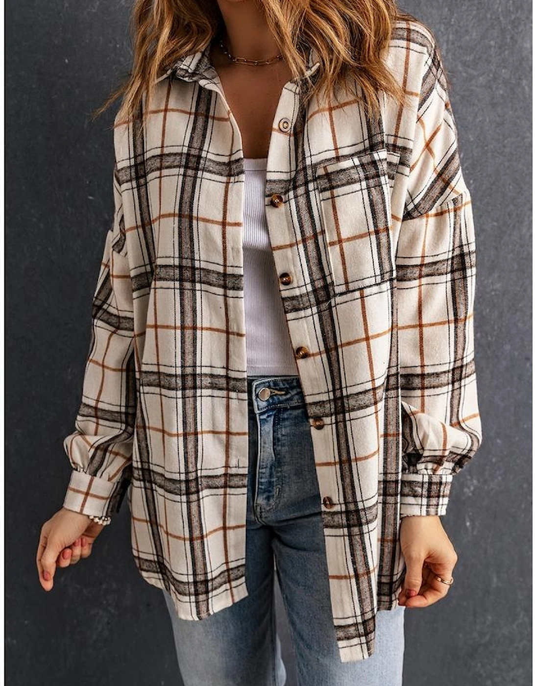 White Oversized Plaid Pattern Shacket with Slits