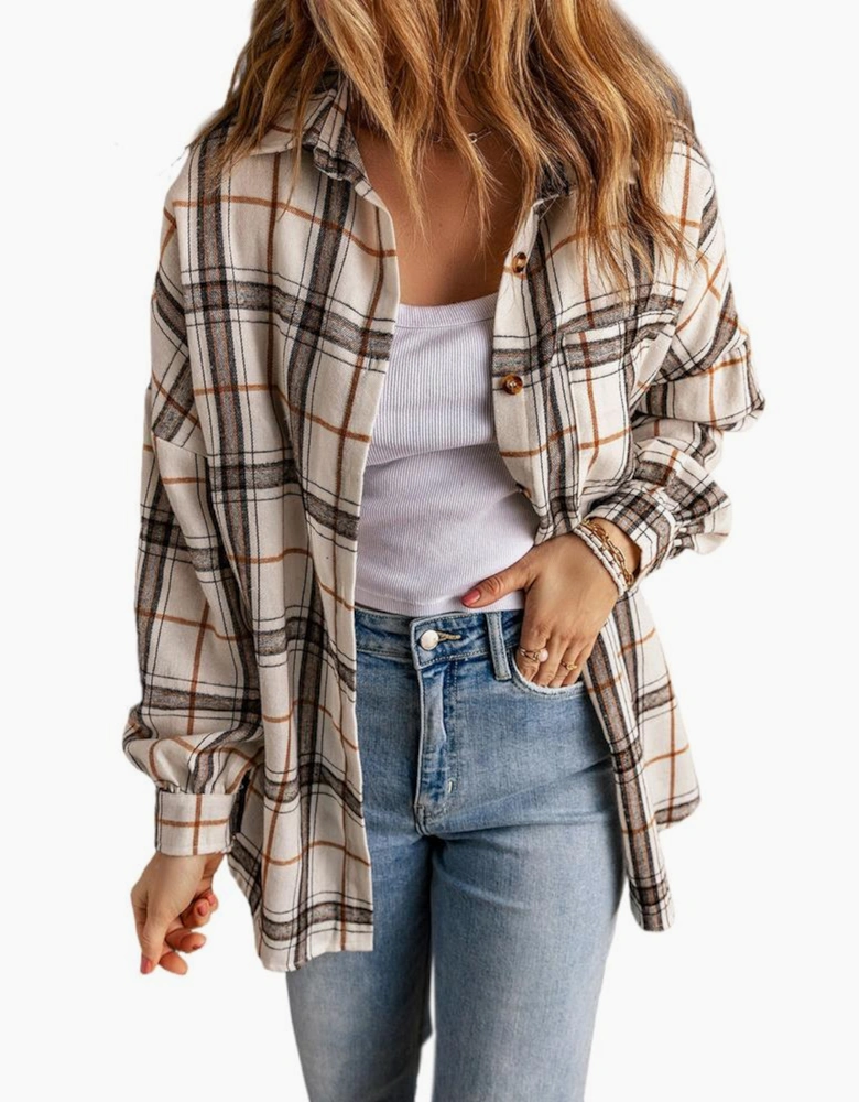 White Oversized Plaid Pattern Shacket with Slits