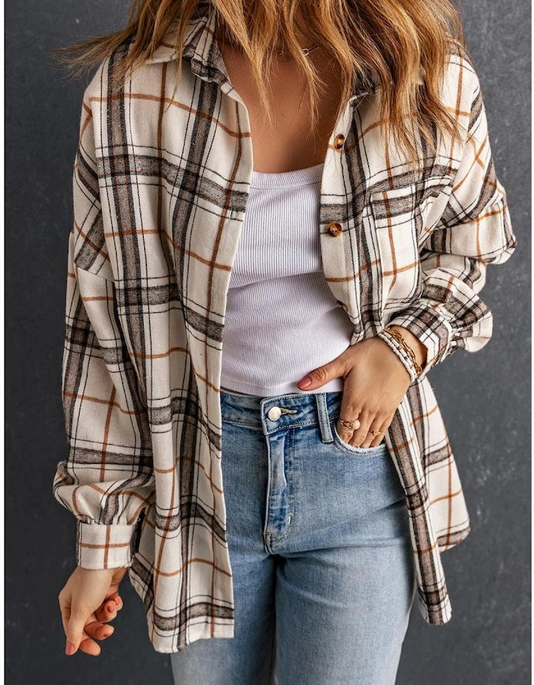 White Oversized Plaid Pattern Shacket with Slits