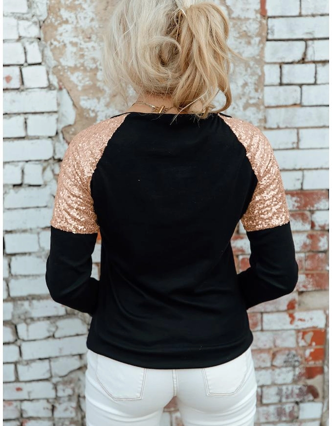Black Sequin Shoulder Long Sleeve Top