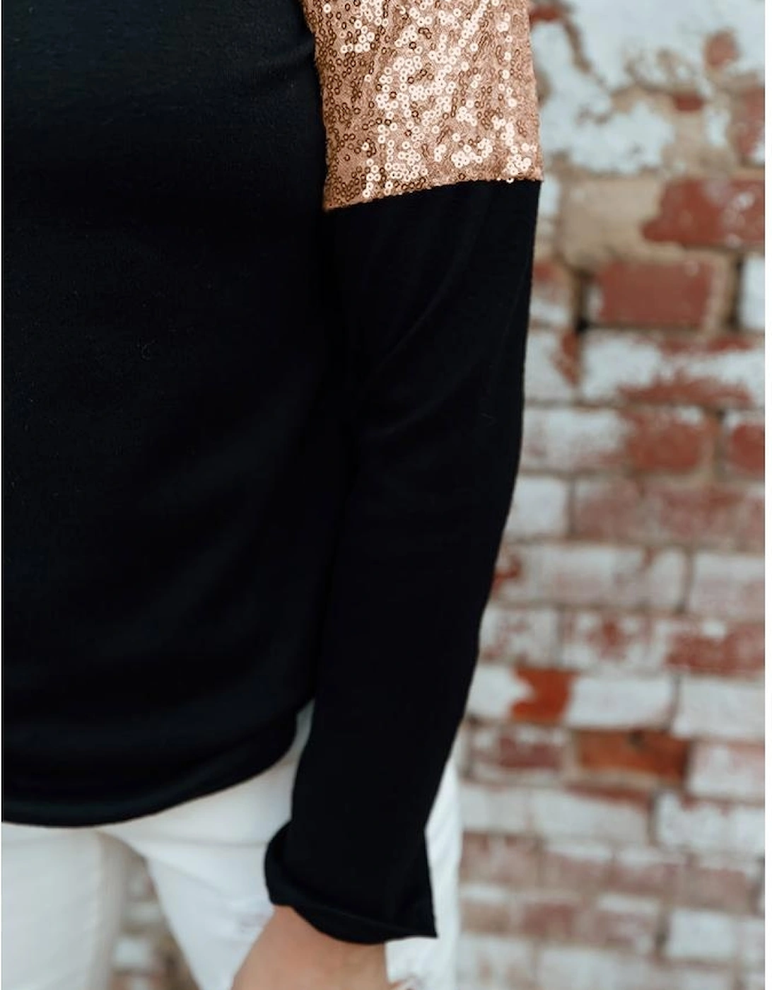 Black Sequin Shoulder Long Sleeve Top