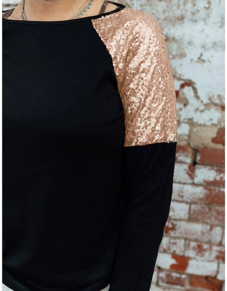 Black Sequin Shoulder Long Sleeve Top