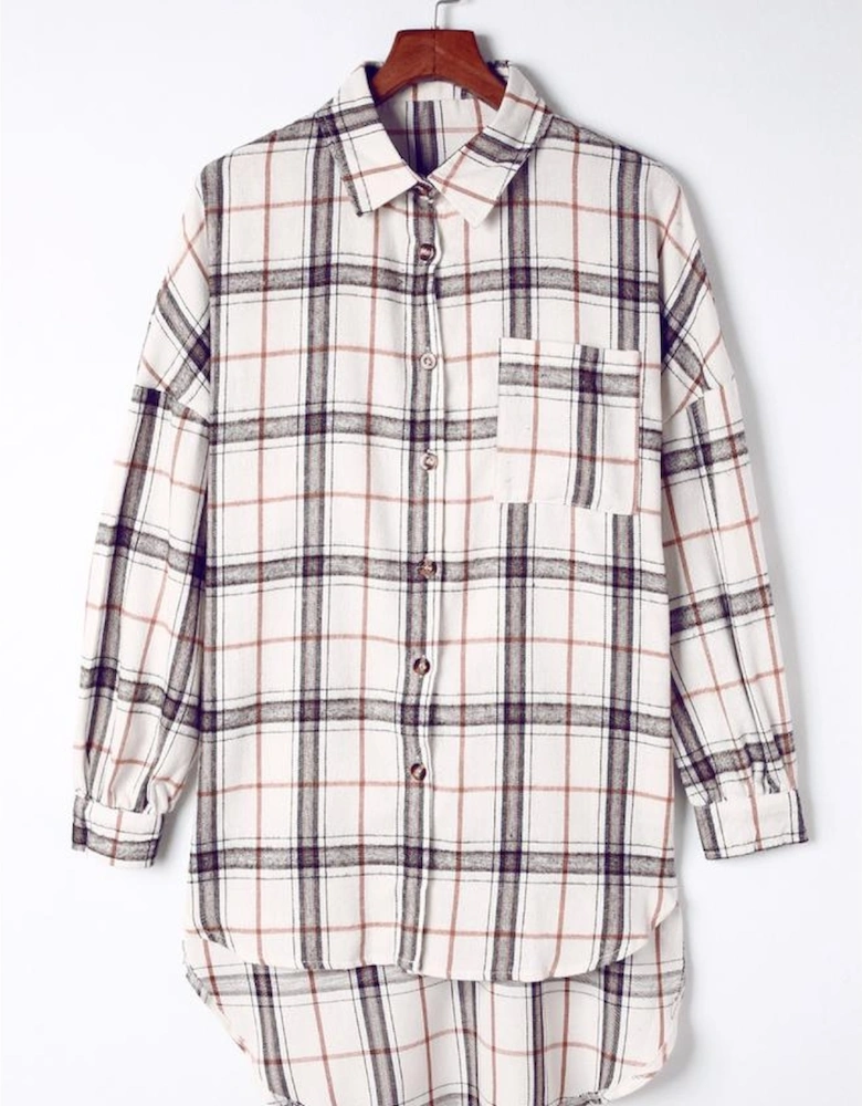 White Oversized Plaid Pattern Shacket with Slits