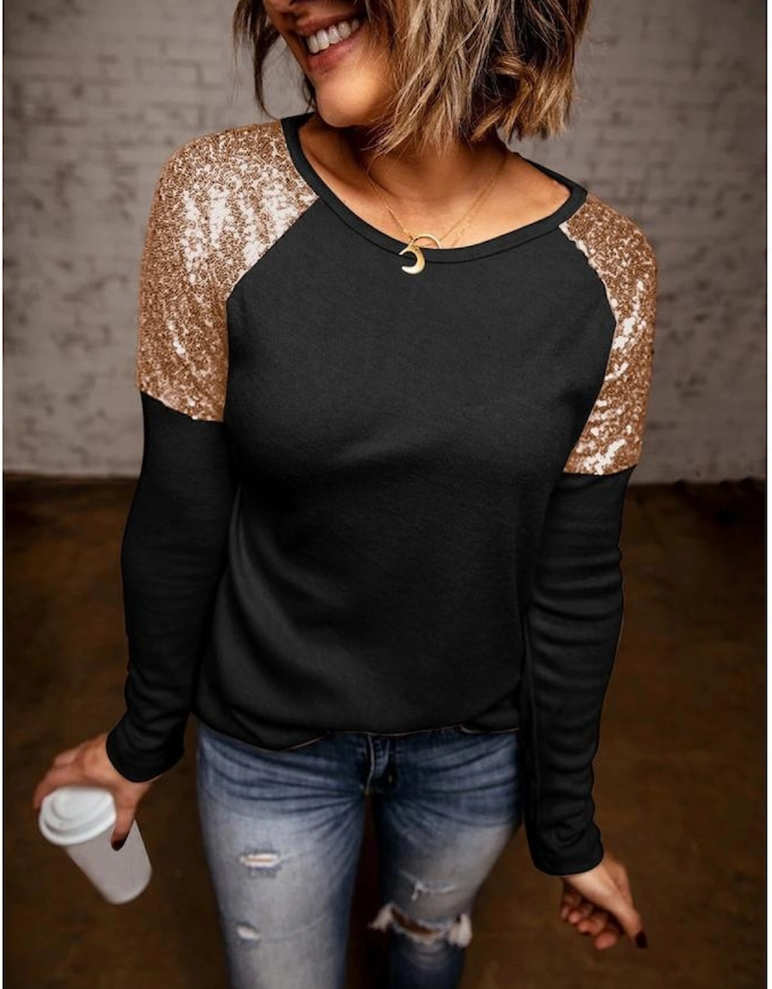 Black Sequin Shoulder Long Sleeve Top