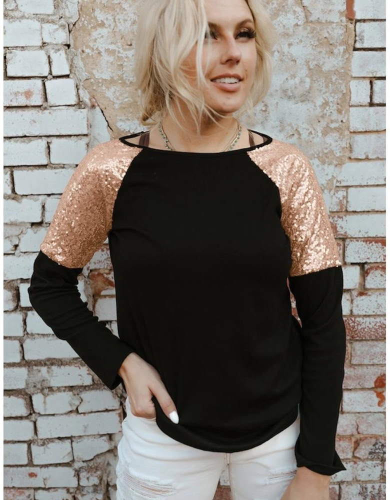 Black Sequin Shoulder Long Sleeve Top