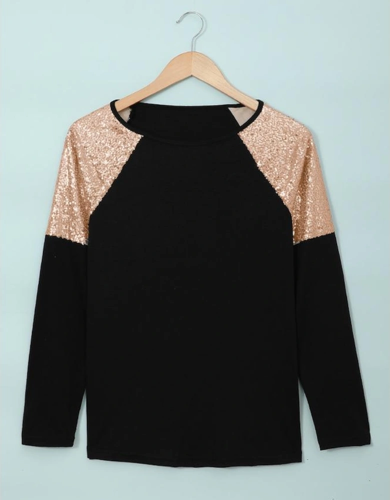 Black Sequin Shoulder Long Sleeve Top