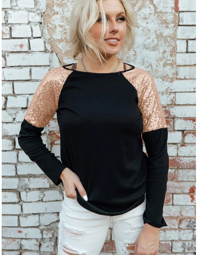Black Sequin Shoulder Long Sleeve Top
