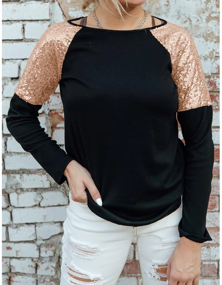 Black Sequin Shoulder Long Sleeve Top