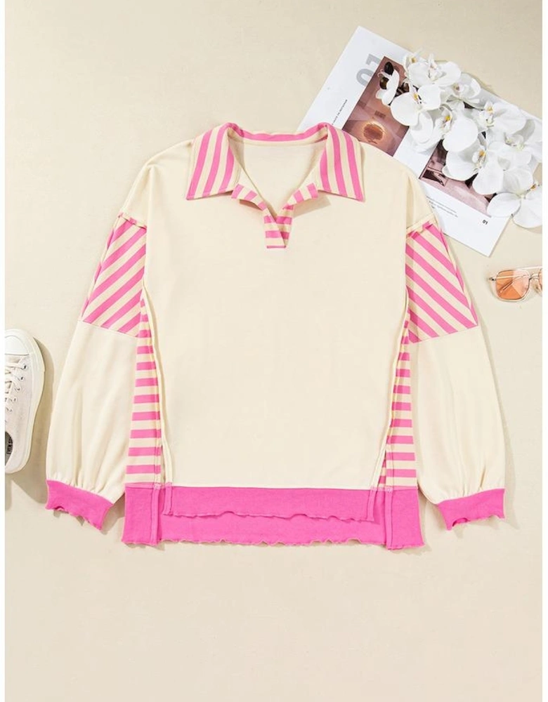 Pink Stripe Contrast Polo Collar Drop Shoulder Patchwork Plus Size Pullover