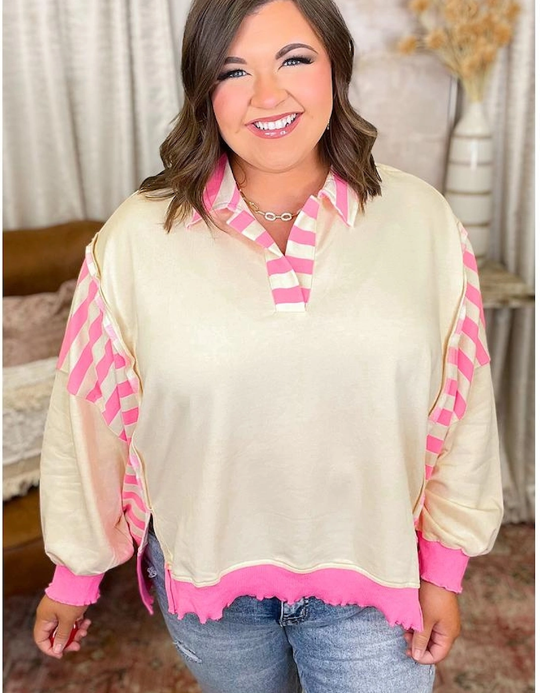 Pink Stripe Contrast Polo Collar Drop Shoulder Patchwork Plus Size Pullover, 10 of 9