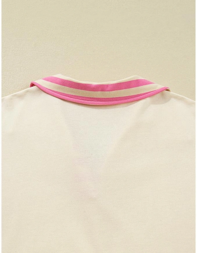 Pink Stripe Contrast Polo Collar Drop Shoulder Patchwork Plus Size Pullover