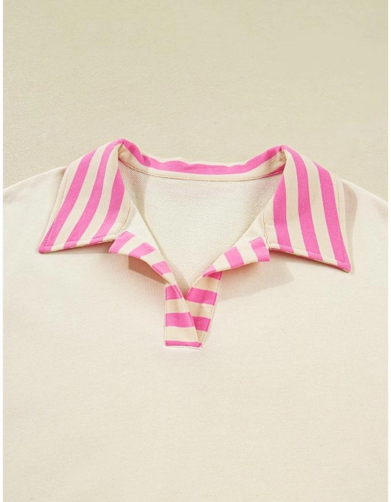 Pink Stripe Contrast Polo Collar Drop Shoulder Patchwork Plus Size Pullover
