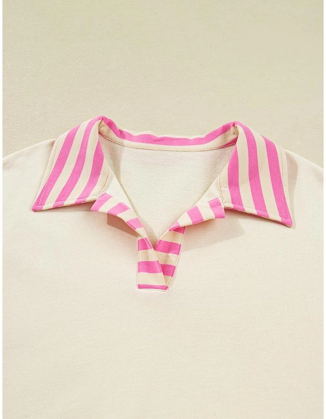 Pink Stripe Contrast Polo Collar Drop Shoulder Patchwork Plus Size Pullover