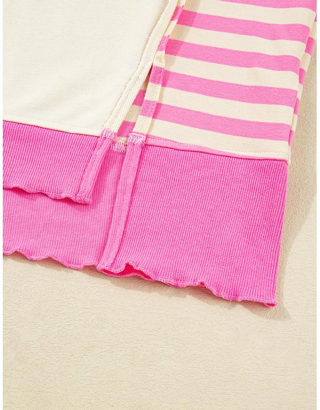 Pink Stripe Contrast Polo Collar Drop Shoulder Patchwork Plus Size Pullover