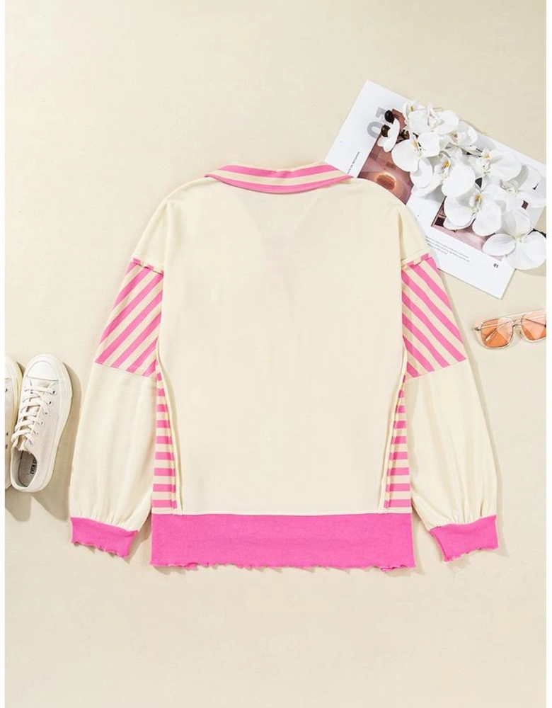 Pink Stripe Contrast Polo Collar Drop Shoulder Patchwork Plus Size Pullover