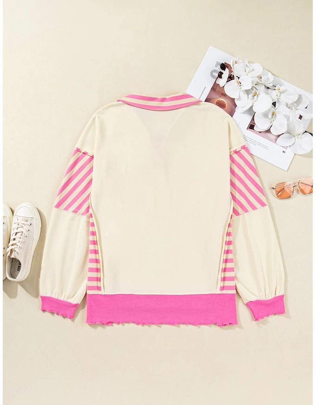 Pink Stripe Contrast Polo Collar Drop Shoulder Patchwork Plus Size Pullover