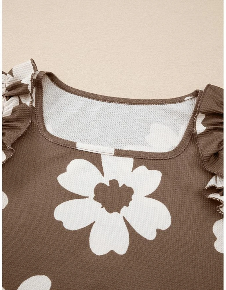 Brown Floral Textured Ruffled Short Sleeve Square Neck Blouse