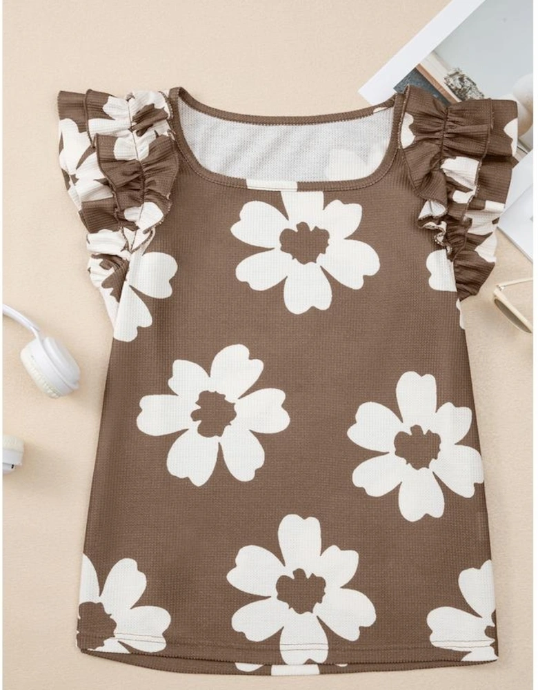 Brown Floral Textured Ruffled Short Sleeve Square Neck Blouse