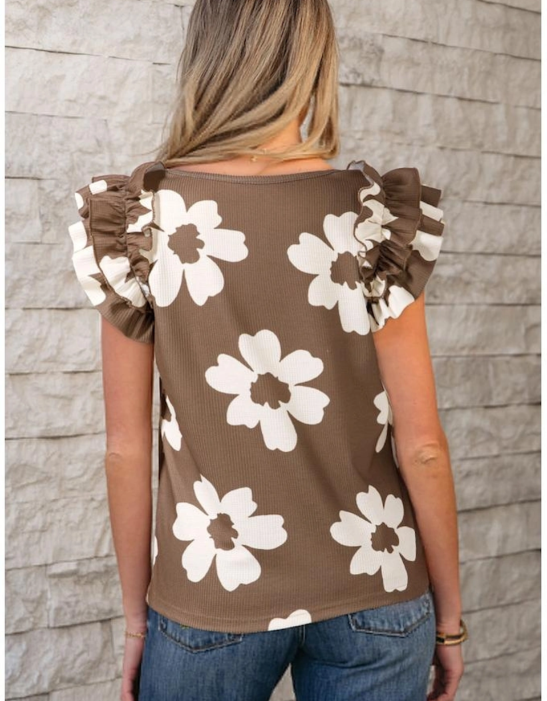 Brown Floral Textured Ruffled Short Sleeve Square Neck Blouse, 11 of 10