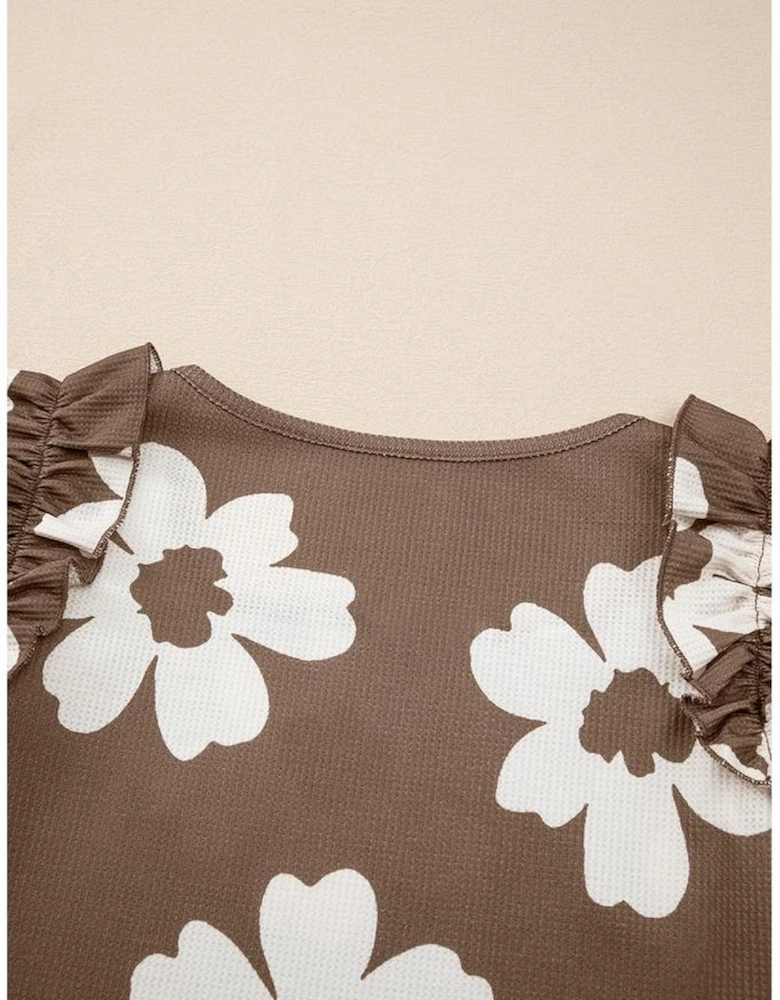 Brown Floral Textured Ruffled Short Sleeve Square Neck Blouse