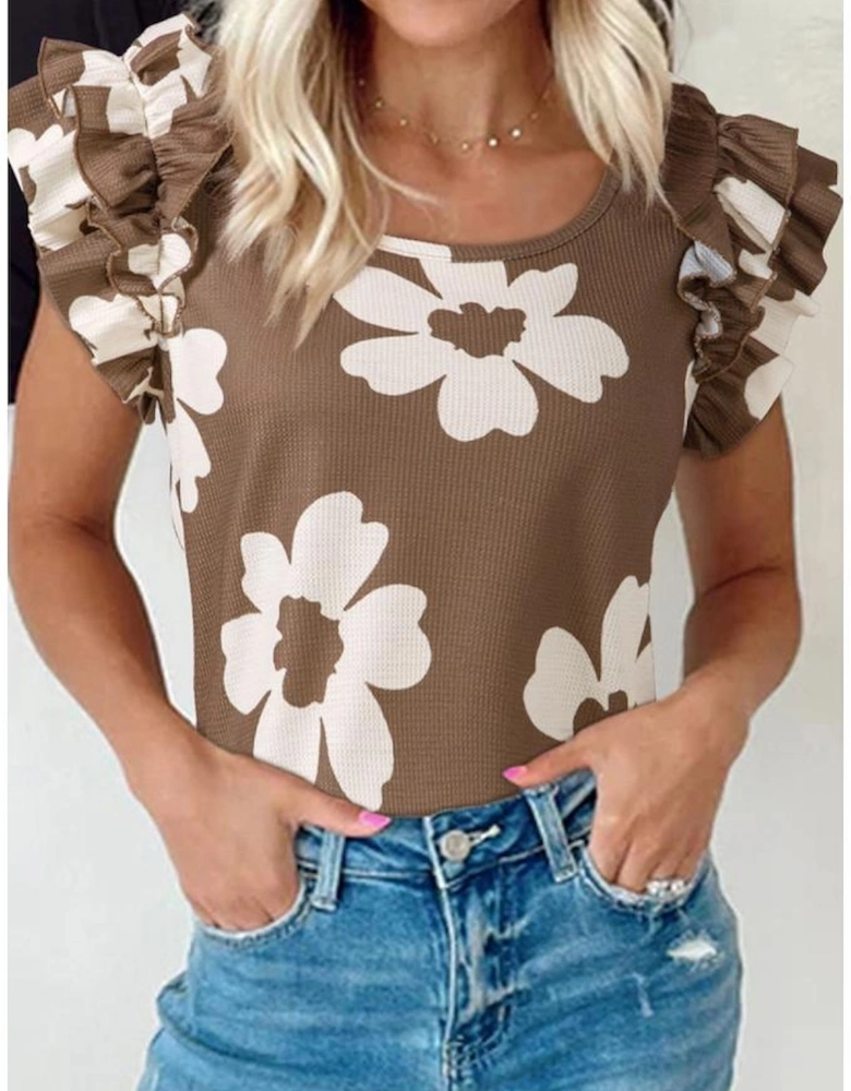 Brown Floral Textured Ruffled Short Sleeve Square Neck Blouse