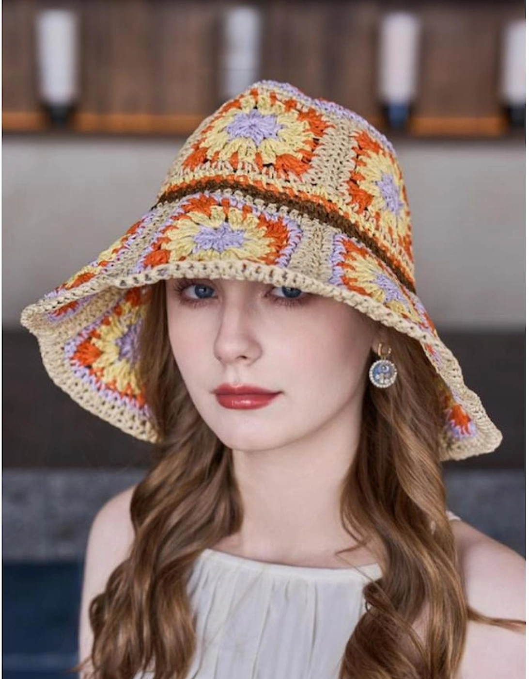 Beige Boho Flower Crochet Wide Brim Buckle Hat, 5 of 4