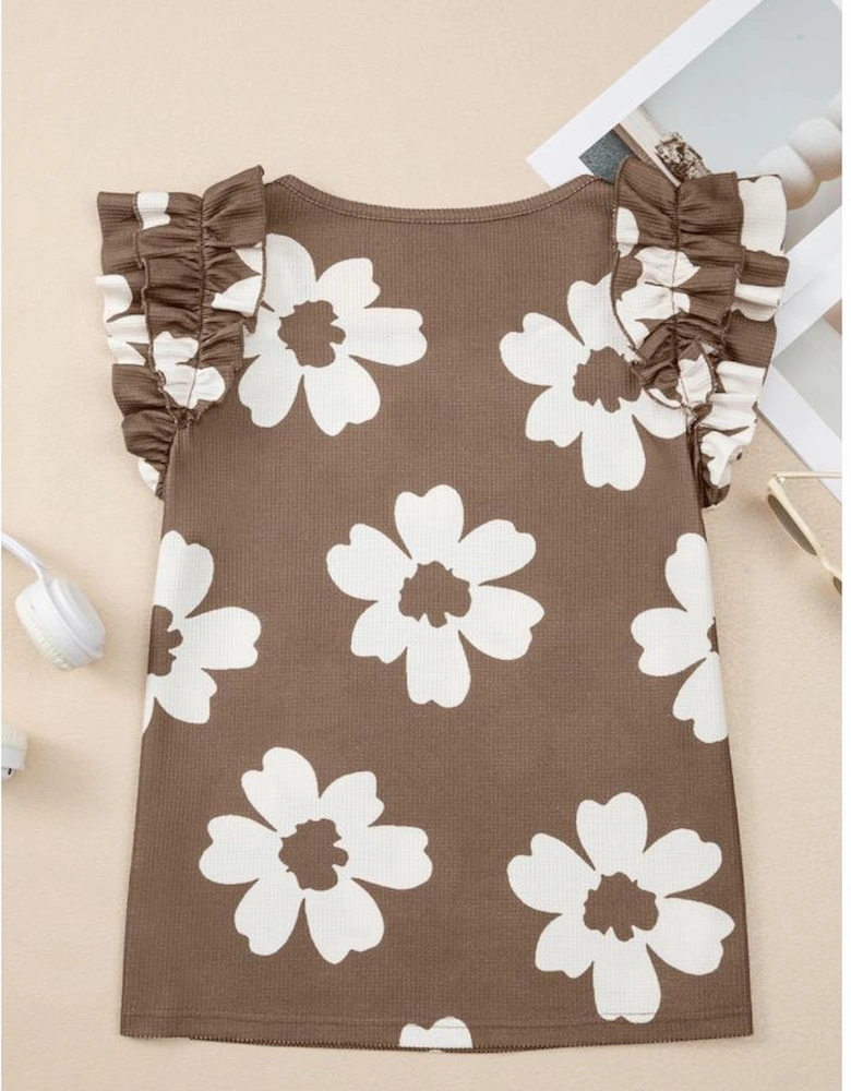 Brown Floral Textured Ruffled Short Sleeve Square Neck Blouse