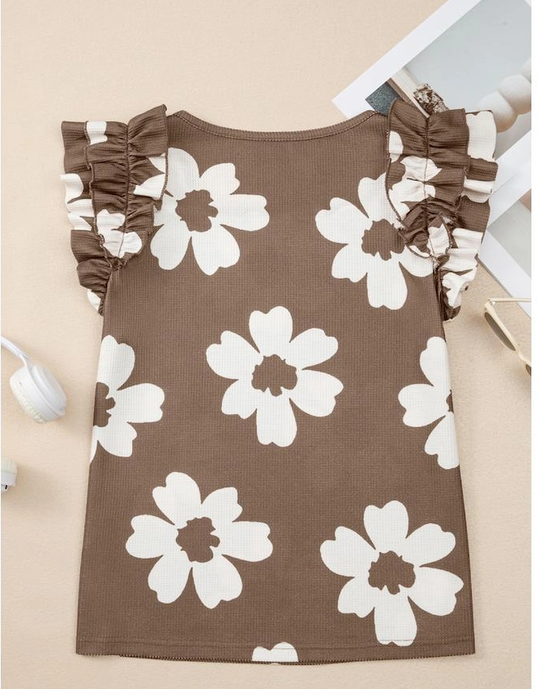 Brown Floral Textured Ruffled Short Sleeve Square Neck Blouse