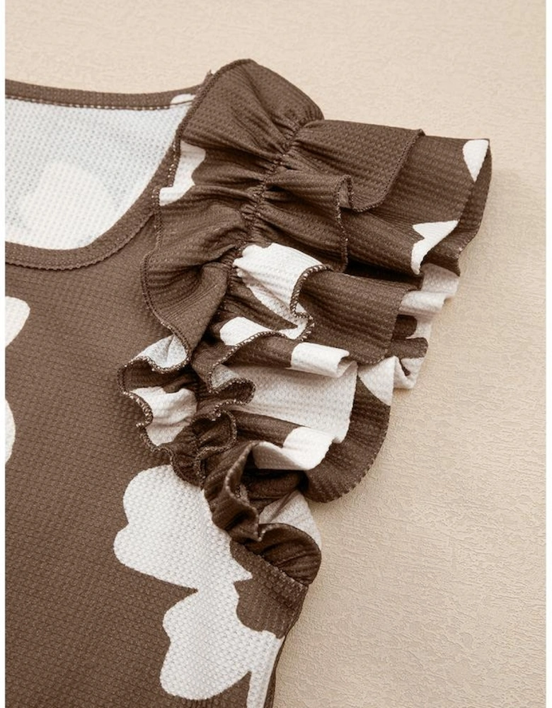 Brown Floral Textured Ruffled Short Sleeve Square Neck Blouse