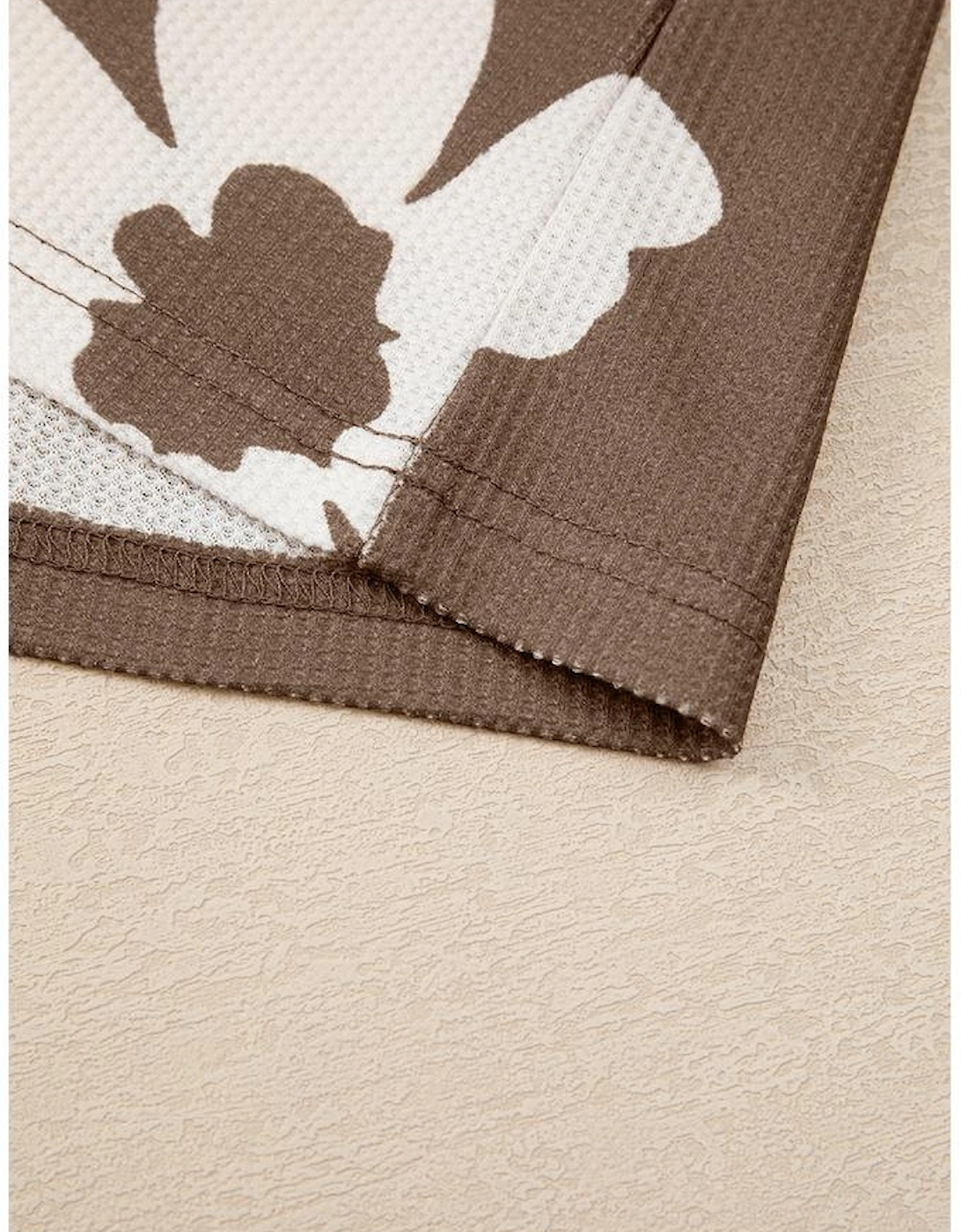 Brown Floral Textured Ruffled Short Sleeve Square Neck Blouse