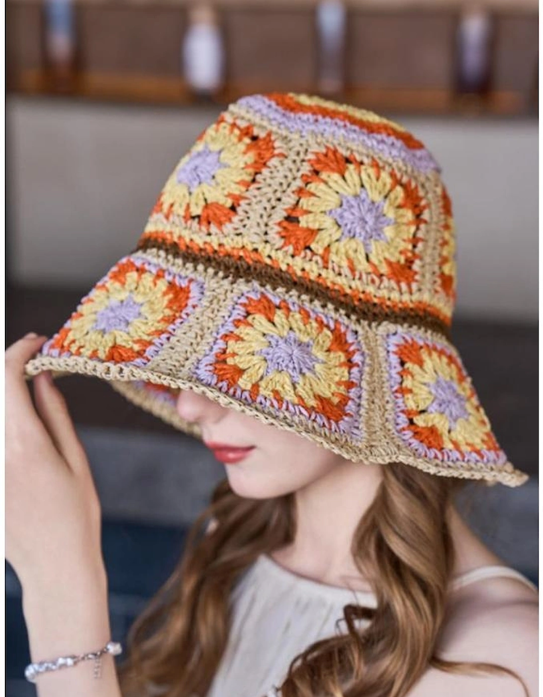 Beige Boho Flower Crochet Wide Brim Buckle Hat