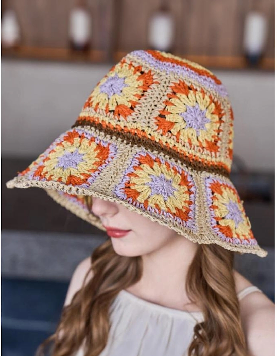 Beige Boho Flower Crochet Wide Brim Buckle Hat