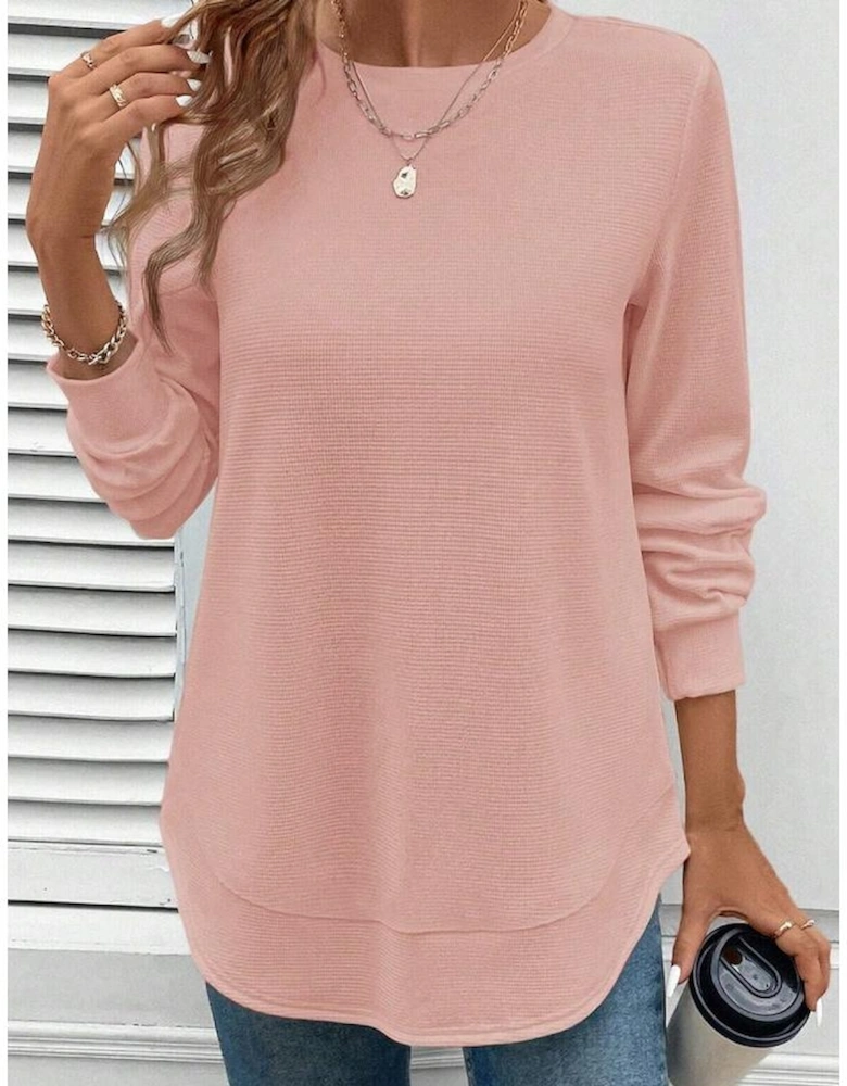 Gossamer Pink Rounded Hem Waffle Long Sleeve Top