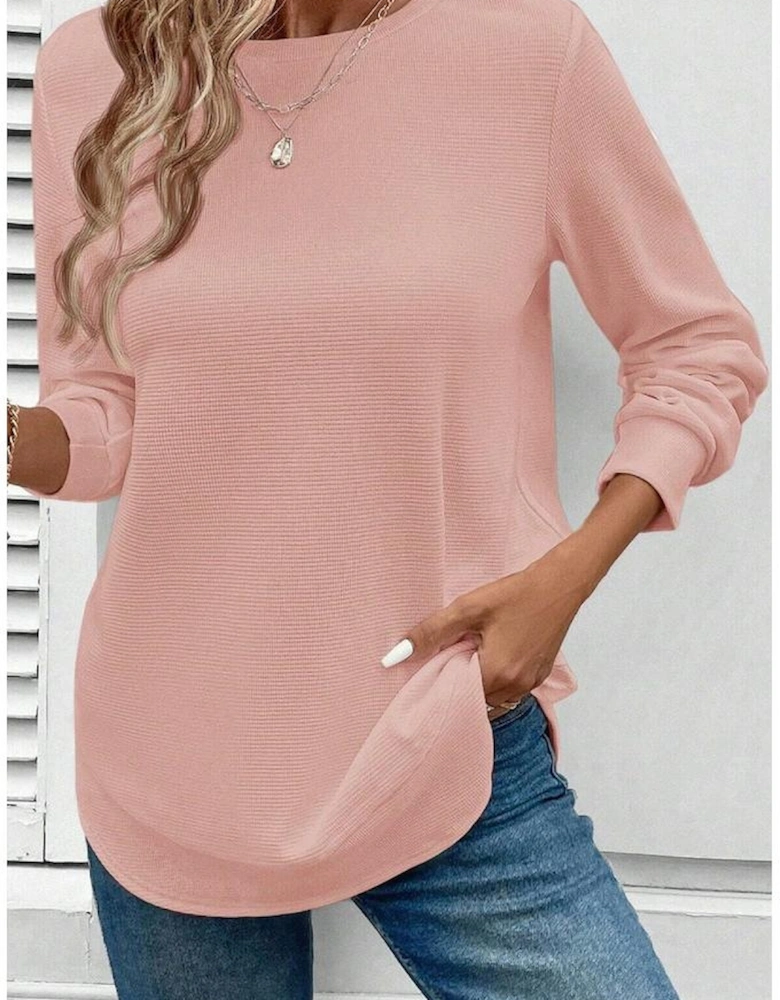 Gossamer Pink Rounded Hem Waffle Long Sleeve Top