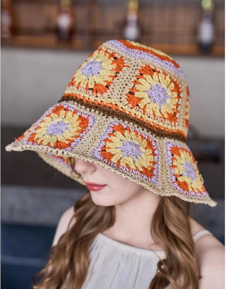 Beige Boho Flower Crochet Wide Brim Buckle Hat