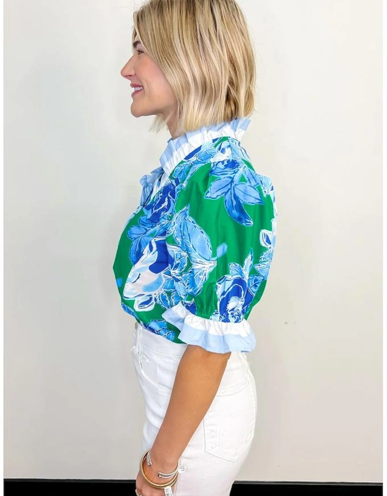 Bright Green Floral Frilled V Neck Short Sleeve Blouse Top
