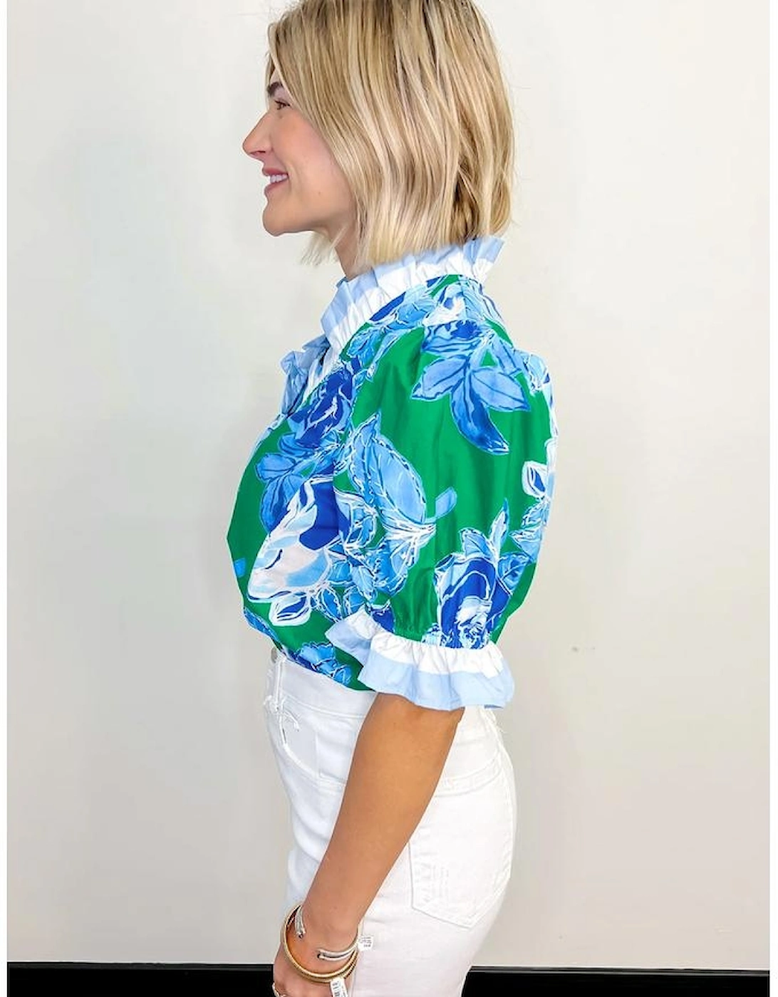 Bright Green Floral Frilled V Neck Short Sleeve Blouse Top