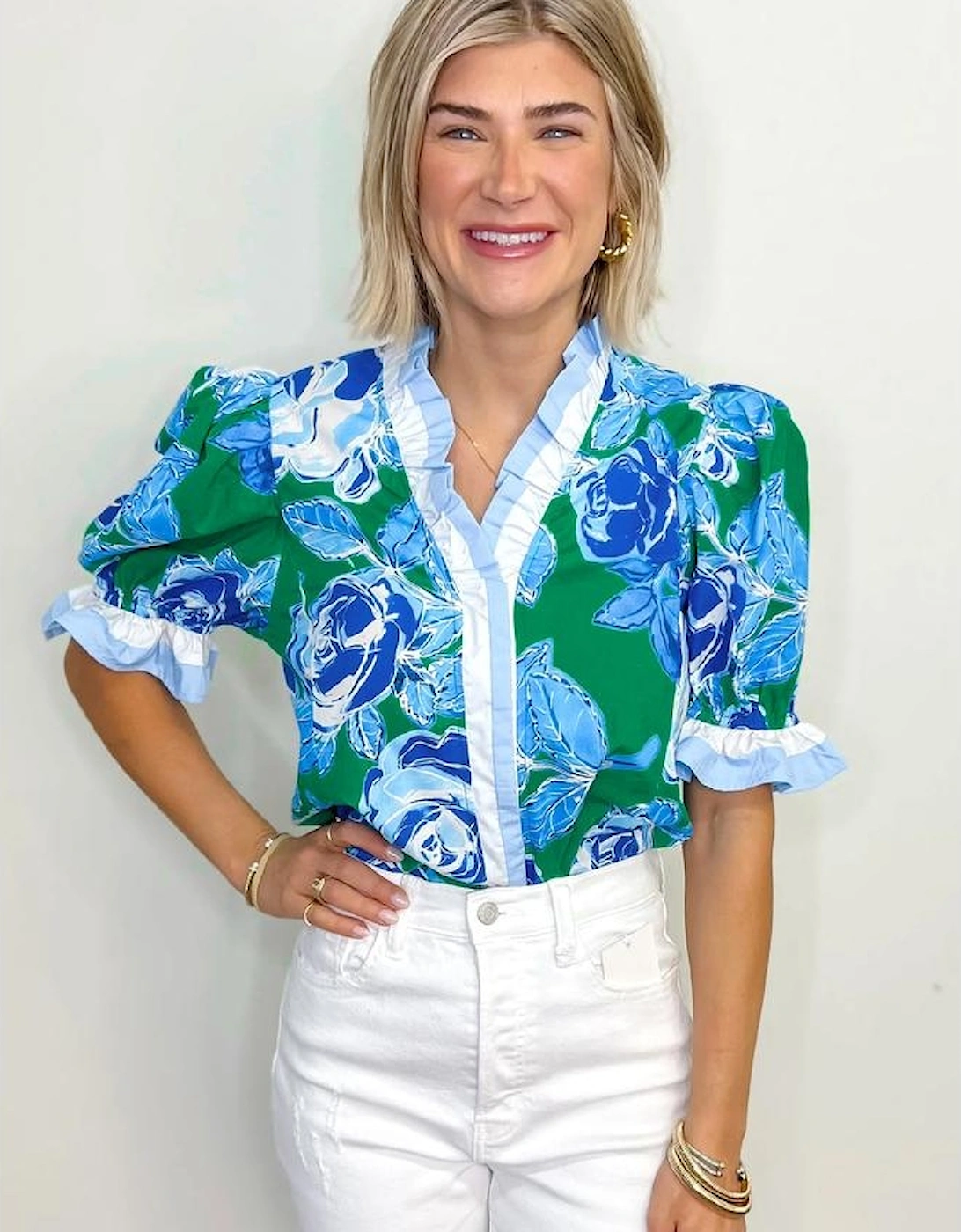 Bright Green Floral Frilled V Neck Short Sleeve Blouse Top