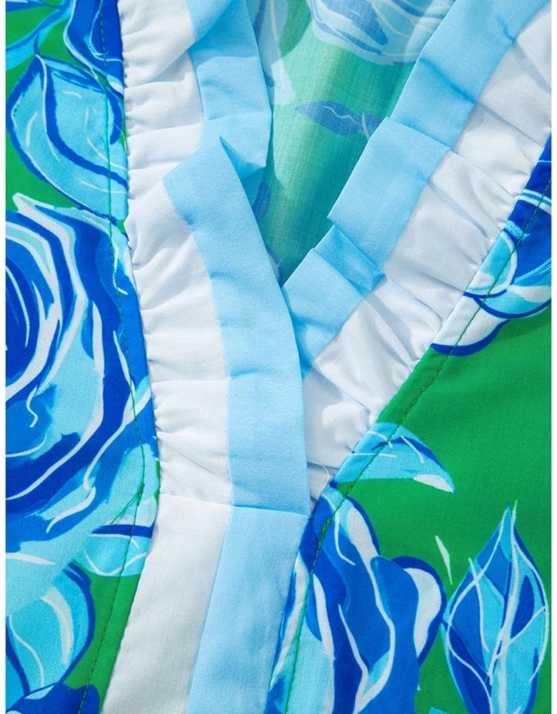 Bright Green Floral Frilled V Neck Short Sleeve Blouse Top